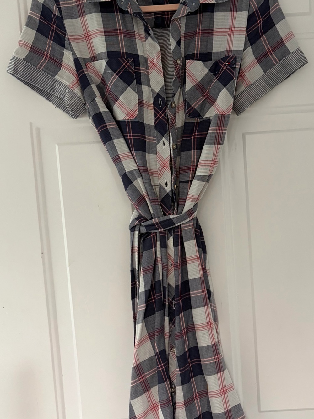 Tommy Hilfiger Navy, White & Red Plaid Midi Shirt Dress with Tie Waist